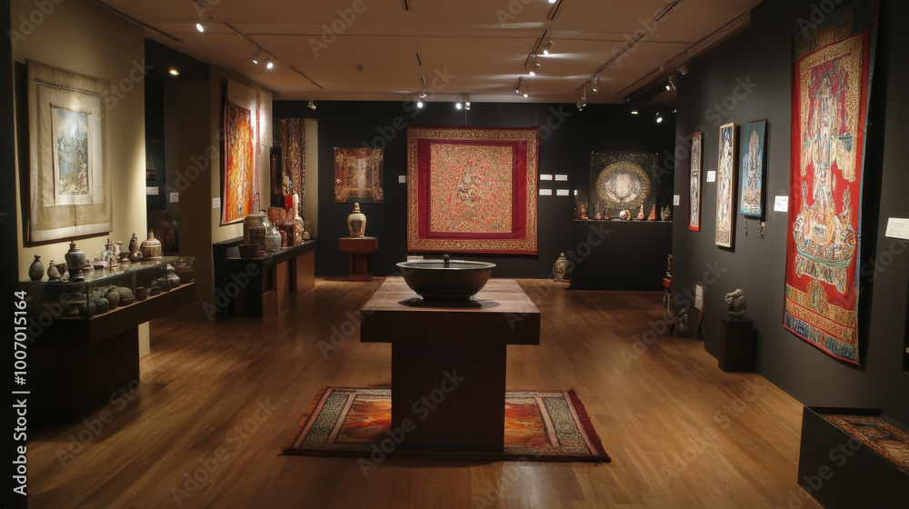 A gallery of Tibetan art, featuring traditional paintings, sculptures, and textiles, each piece telling a story of the regions rich culture A gallery of Tibetan art, featuring traditional paintings, sculptures, and textiles, each piece telling a story of the regions rich culture