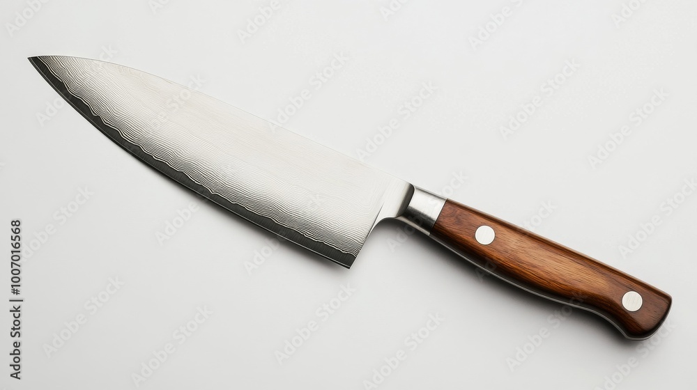 A big, sharp knife with a wooden handle, shown against a plain white background. A big, sharp knife with a wooden handle, shown against a plain white background.