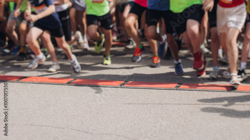 Children marathon runners crowd, young teen sportsmen participants start running in the city streets, crowd of kids joggers in motion, kid group athletes outdoor run, family competition in summer day