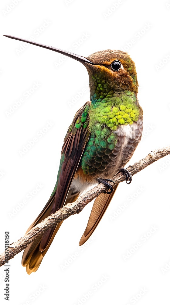 Obraz premium Sword-billed Hummingbird Perched on a Branch on a White Background, Photo Realistic, Wallpaper, Cover and Screen for Smartphone, PC, Laptop, 9:16 and 16:9 Format