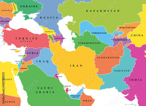 Southwest Asia, political map with multi colored silhouettes of single countries. Also called Western, West or Southwestern Asia, a subregion, overlapping with Middle East, including Caucasus region.