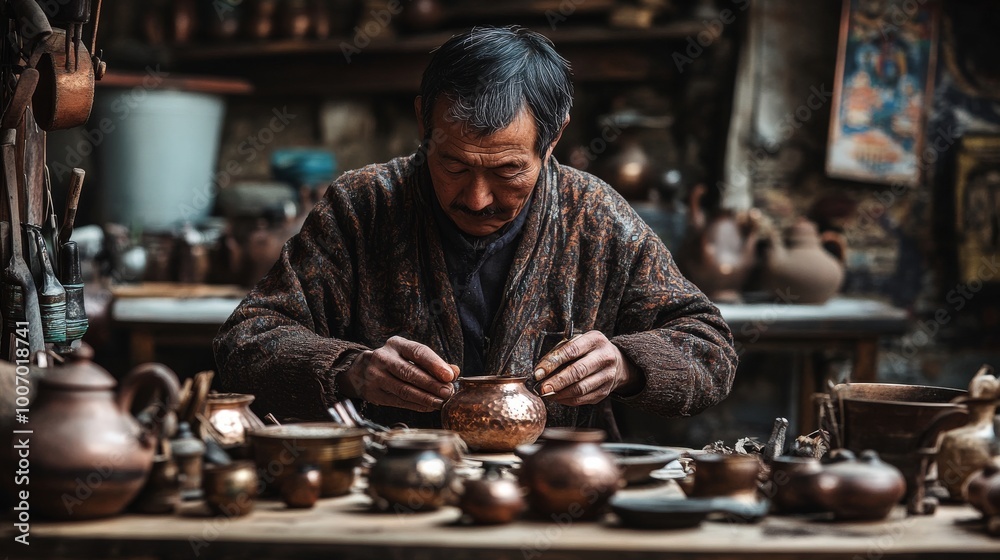 A Ladakhi artisan meticulously crafting a traditional copper teapot, with tools and raw materials spread out on a workbench A Ladakhi artisan meticulously crafting a traditional copper teapot, with tools and raw materials spread out on a workbench