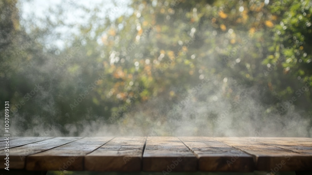 A blurry, smoky scene with fog and mist swirling on a wooden table. It's a mysterious and spooky backdrop, perfect for Halloween. A blurry, smoky scene with fog and mist swirling on a wooden table. It's a mysterious and spooky backdrop, perfect for Halloween.
