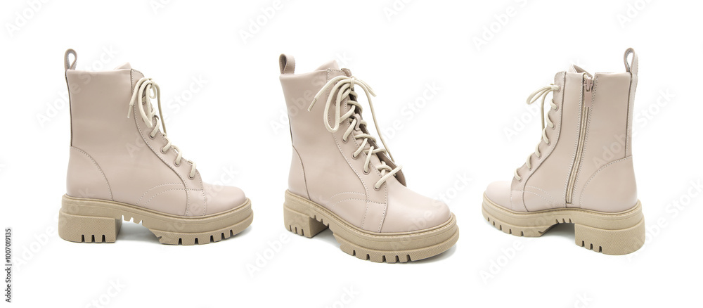 Fashionable leather boots isolated on white background. View from all sides.	