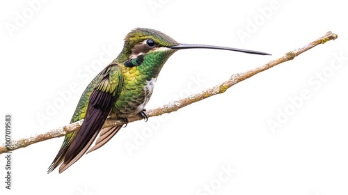 Sword-billed Hummingbird Perched on a Branch on a White Background, Photo Realistic, Wallpaper, Cover and Screen for Smartphone, PC, Laptop, 9:16 and 16:9 Format