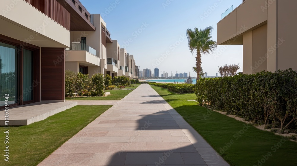 Elegant villas stretch along the beachfront of The Palm Jumeirah, framed by lush gardens and tranquil pools, showcasing the upscale lifestyle of Dubai’s coastal living Elegant villas stretch along the beachfront of The Palm Jumeirah, framed by lush gardens and tranquil pools, showcasing the upscale lifestyle of Dubai’s coastal living