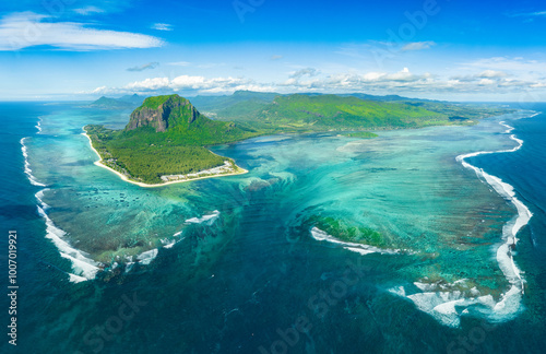 Aerial view: Le Morne Brabant mountain with beautiful lagoon and underwater waterfall illusion, Mauritius island photo