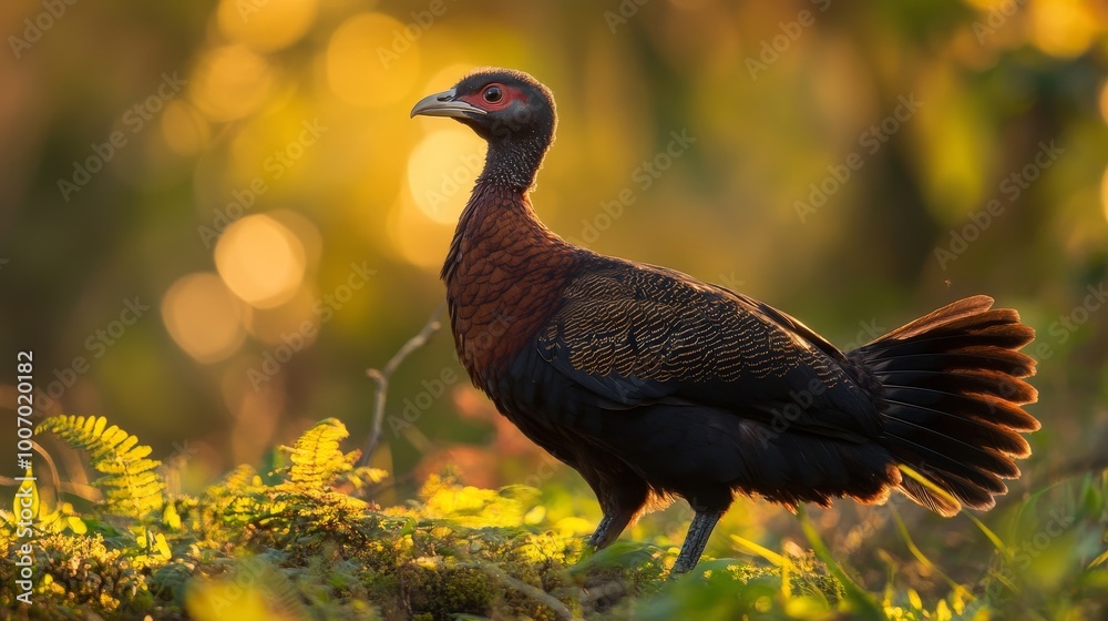 Fototapeta premium A brown-bellied Guan bird basking in the golden light of the setting sun.