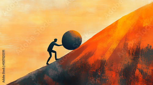 Man pushing round rock uphill - concept of hard work or Sisyphean work