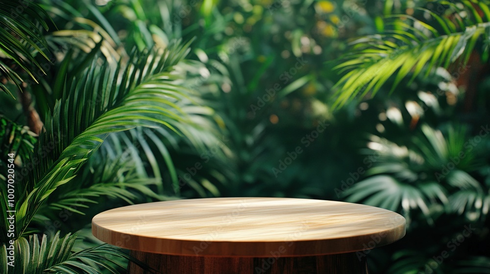 Greenery Background with Wooden Tabletop for Display Greenery Background with Wooden Tabletop for Display