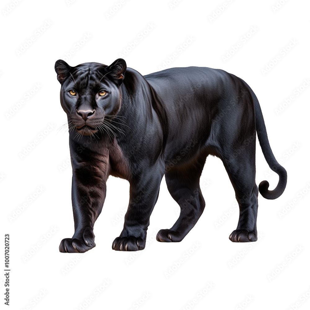 Fototapeta premium Black panther standing alert with a fierce expression on a transparent background