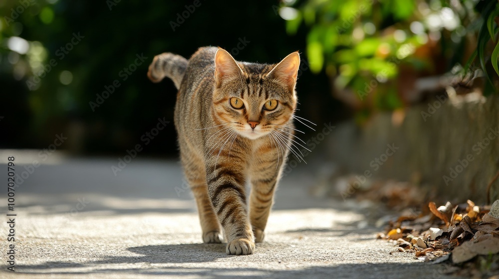 A cat with orange stripes walks towards the camera. A cat with orange stripes walks towards the camera.