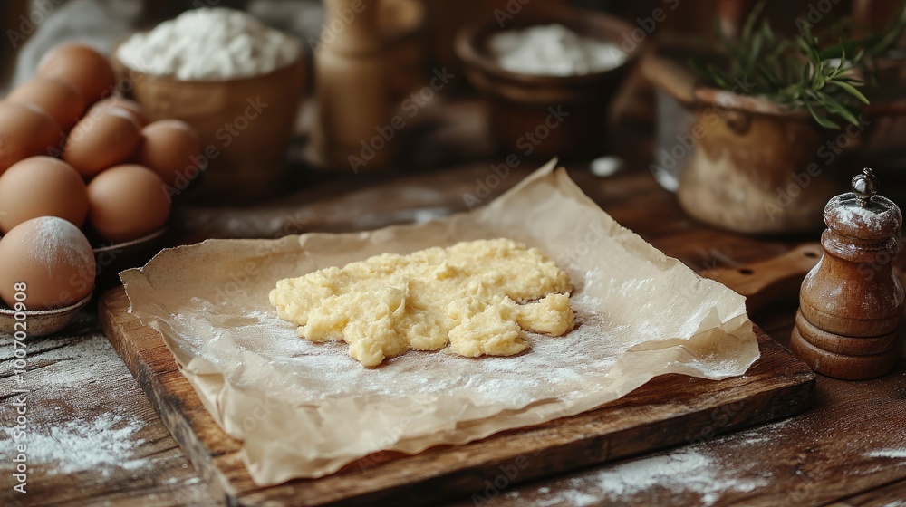 Fototapeta premium Fresh Dough on Parchment Paper Ready for Baking