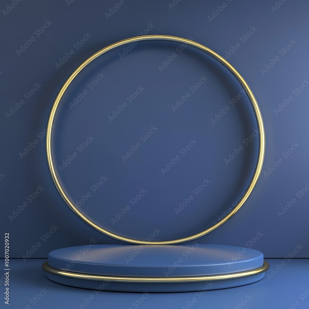 3d render of blue pedestal with golden circle on blue background 3d render of blue pedestal with golden circle on blue background