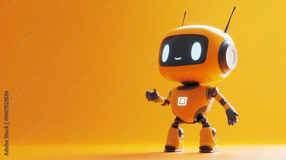 A cheerful robot with a friendly smile. This 3D character represents an AI chatbot, perfect for websites or apps that use AI. A cheerful robot with a friendly smile. This 3D character represents an AI chatbot, perfect for websites or apps that use AI.