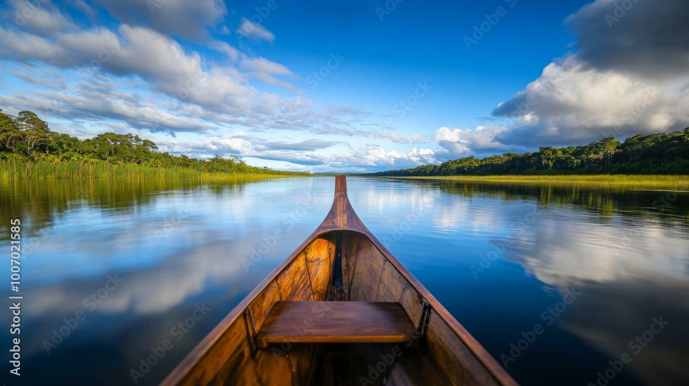 A modern boat moves gracefully across a tranquil river, with its reflection mirrored in the water. Lush green vegetation lines the banks, blending with a bright sky