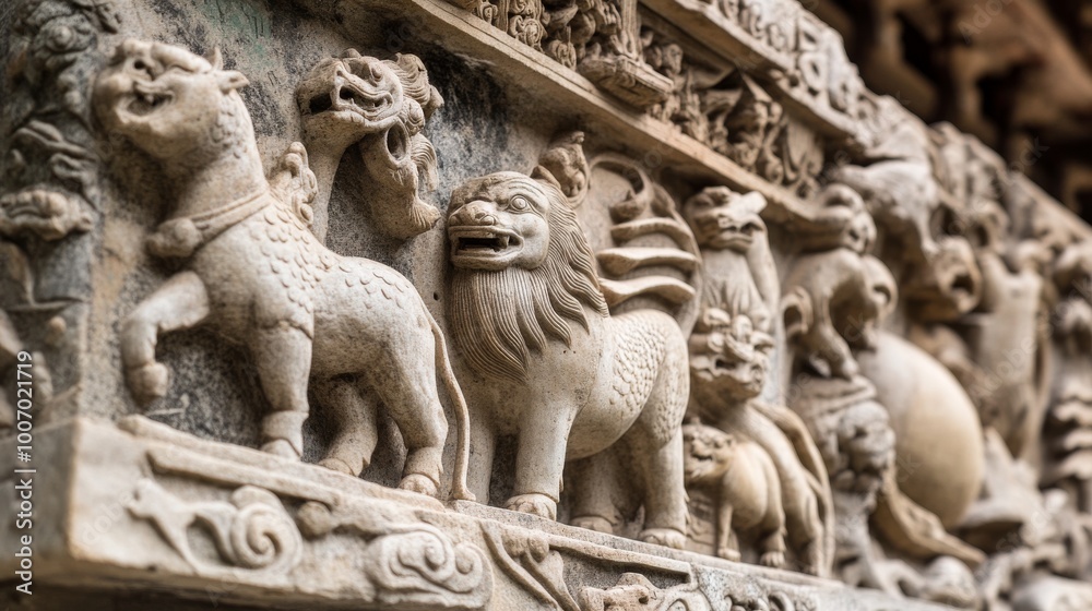 Fototapeta premium A detailed view of a Chinese zodiac sculpture in a temple courtyard, with each animal carefully carved in stone,