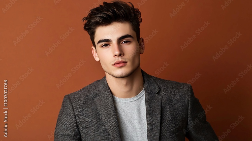 Obraz premium A bust shot of a confident young male fashion model, posing with business casual clothes against a vibrant soft brown studio background