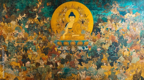 A detailed Tibetan thangka painting depicting a Buddha surrounded by deities and mythical creatures, rich in spiritual symbolism