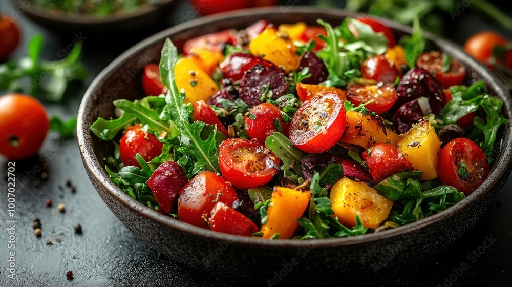 Fresh and Colorful Salad with Cherry Tomatoes, Mango, and Arugula Fresh and Colorful Salad with Cherry Tomatoes, Mango, and Arugula