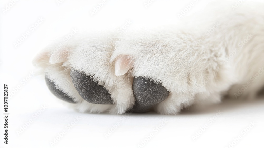 A close-up photo shows the bottom of a white dog's paw. The paw is isolated against a white background. It looks like the paw of a poodle. A close-up photo shows the bottom of a white dog's paw. The paw is isolated against a white background. It looks like the paw of a poodle.
