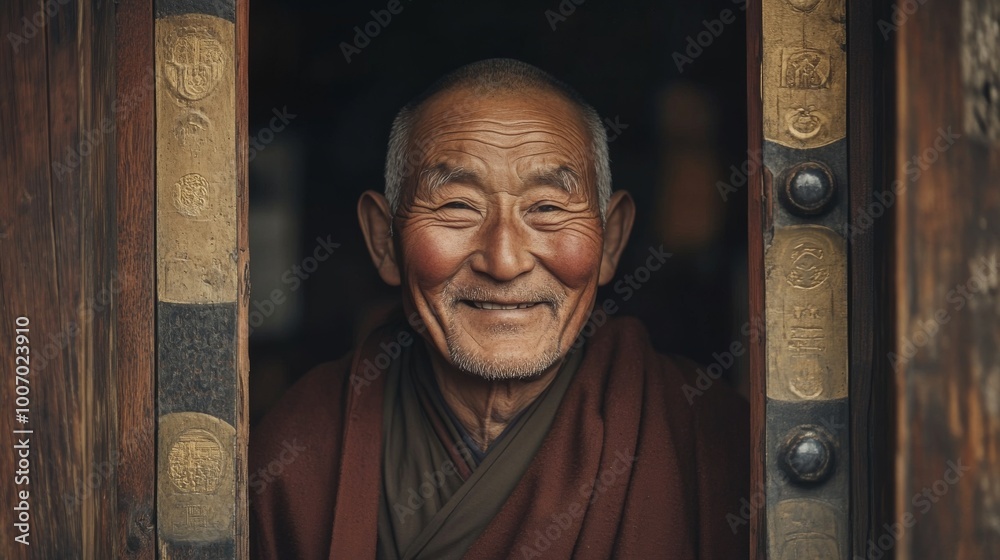 Naklejka premium Portrait of an elderly Tibetan monk with a warm, gentle smile, deep wrinkles marking his face as he stands in the doorway of a centuries-old monastery