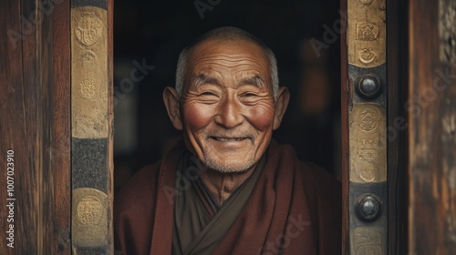 Portrait of an elderly Tibetan monk with a warm, gentle smile, deep wrinkles marking his face as he stands in the doorway of a centuries-old monastery