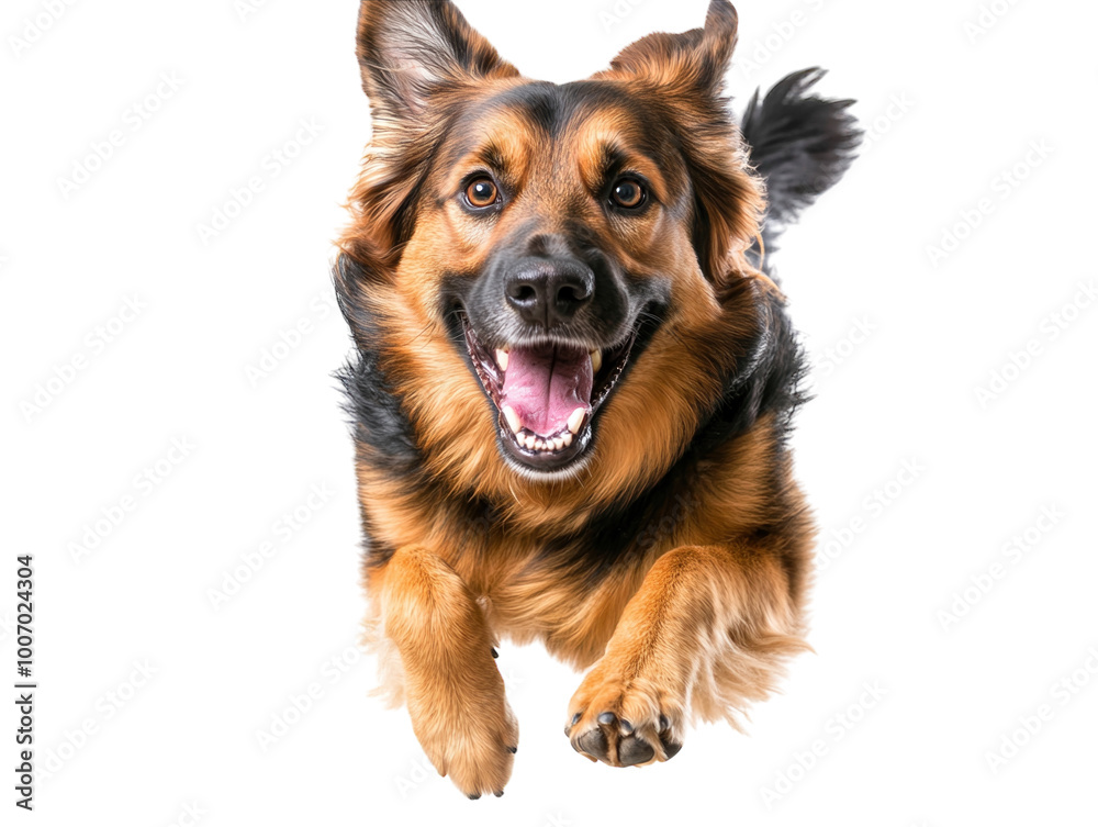 Energetic German shepherd dog running towards the camera, joyful expression. PNG transparent. Energetic German shepherd dog running towards the camera, joyful expression. PNG transparent.