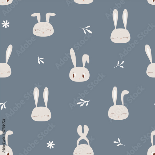 Seamless vector pattern with Cute bunny faces and carrots tossed on navy blue background