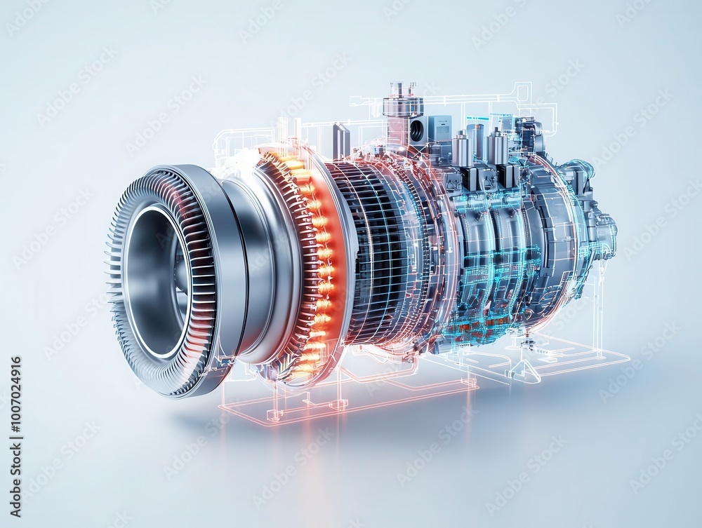 Cross-section of a turbine engine with detailed renderings of blade ...