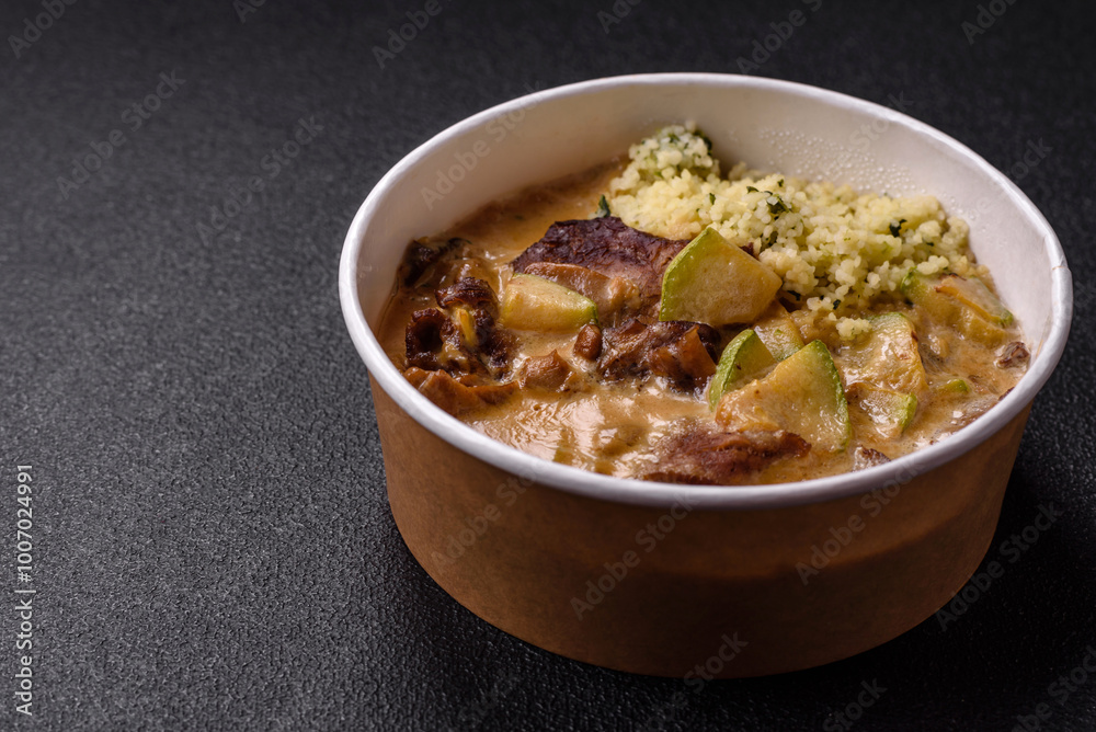 Bowl of food with beef, bulgur, tomatoes, zucchini and sauce Bowl of food with beef, bulgur, tomatoes, zucchini and sauce