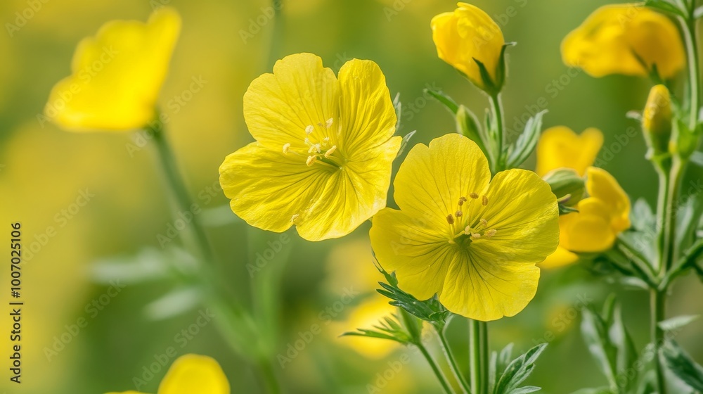 A cluster of vibrant yellow flowers, with a soft, blurry background of nature. A cluster of vibrant yellow flowers, with a soft, blurry background of nature.