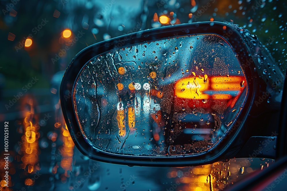 Rainy Evening Reflection in Car Mirror