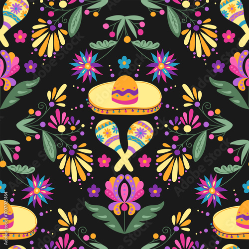 Mexican Folk symmetry seamless pattern with fantasy flowers and decorated maracas with sombrero in bright color. Dia de los Muertos holiday illustration on black background. Hispanic heritage pattern