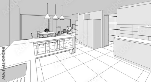 interior kitchen living room 3d illustration