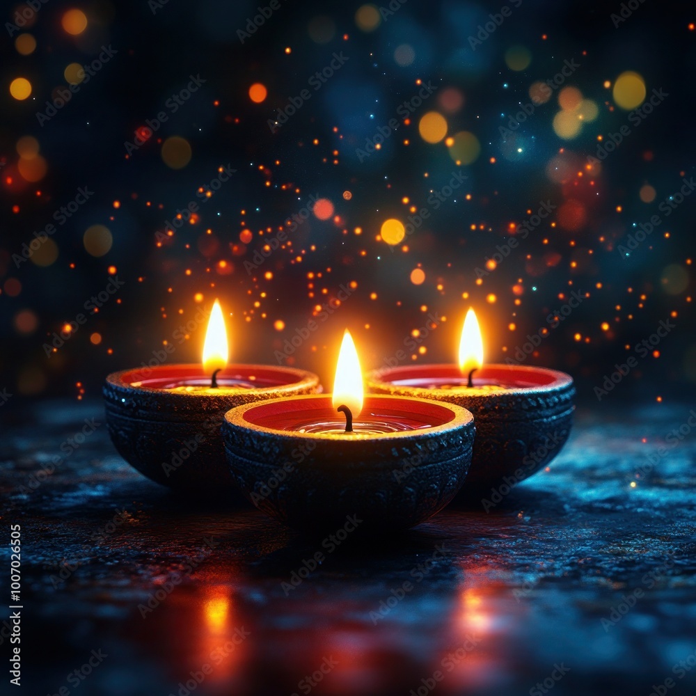 Radiant Diya Lamps on Bokeh Background: Vibrant Colors and Festive Lights Radiant Diya Lamps on Bokeh Background: Vibrant Colors and Festive Lights