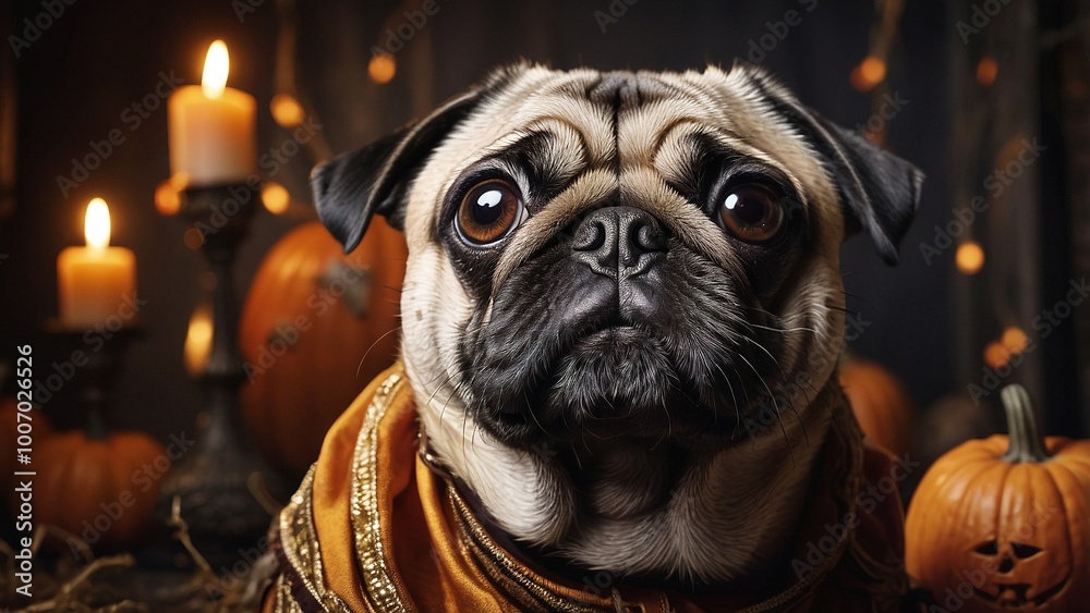 A pug resting among carved pumpkins and autumn decorations during a Halloween celebration A pug resting among carved pumpkins and autumn decorations during a Halloween celebration
