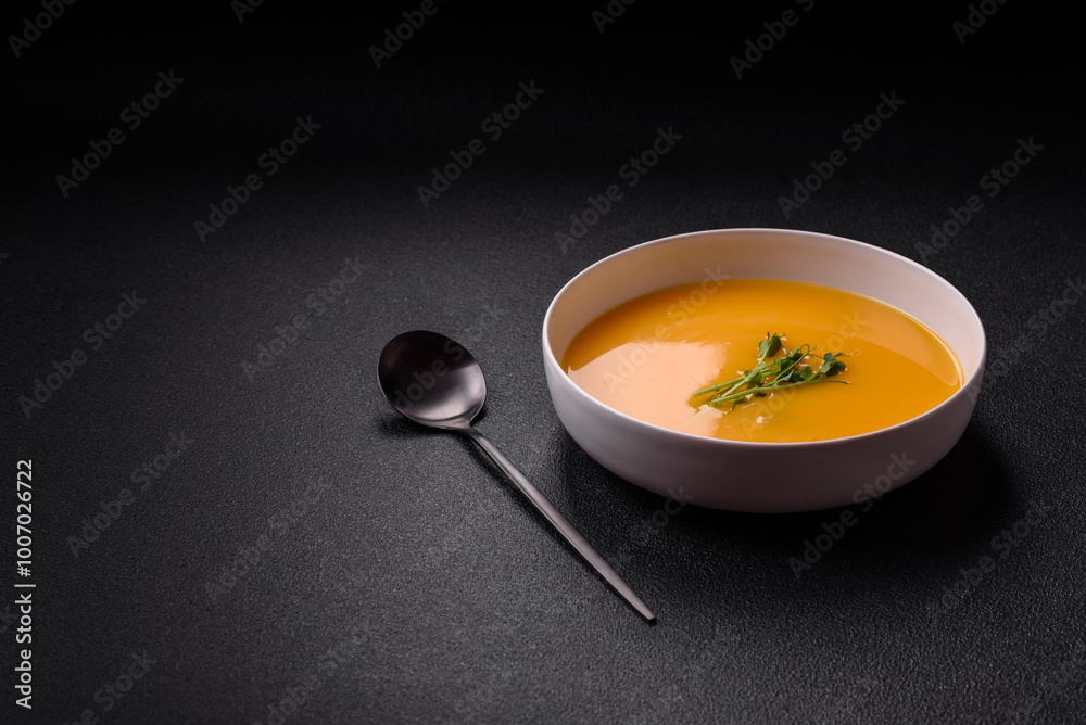 Cream soup of pumpkin, zucchini and carrots with salt and spices Cream soup of pumpkin, zucchini and carrots with salt and spices