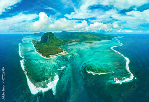 Aerial view: Le Morne Brabant mountain with beautiful lagoon and underwater waterfall illusion, Mauritius island