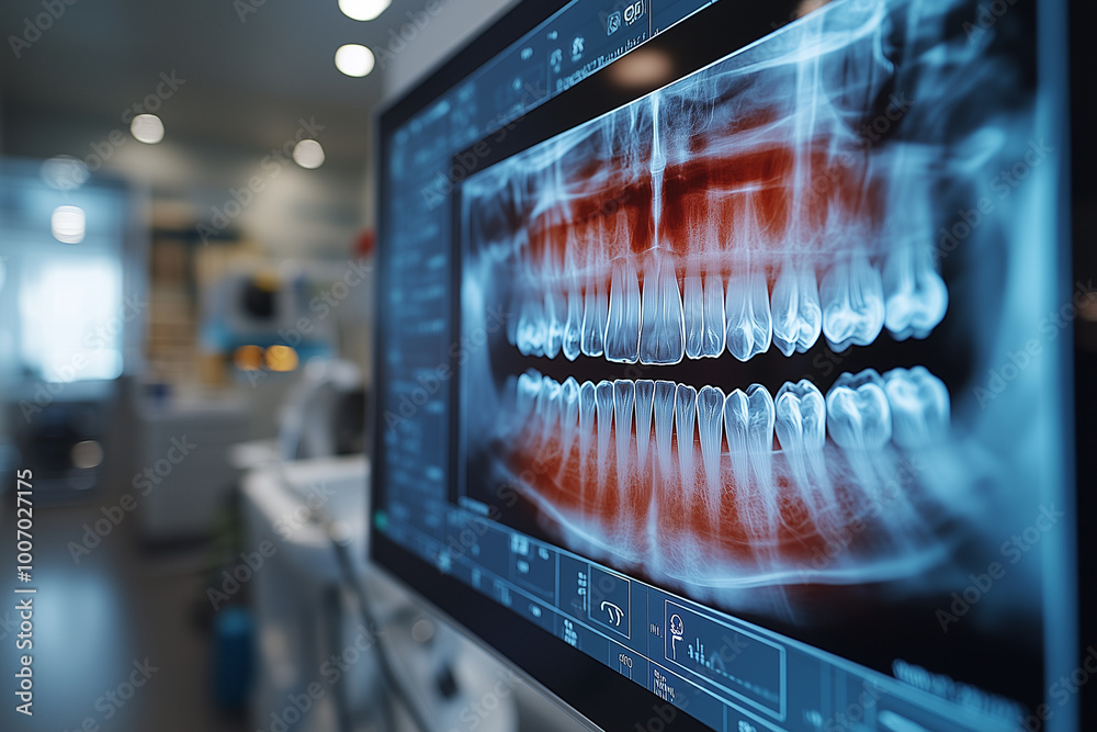 Digital x-ray of a patient's teeth showing cavities and areas for treatment, with a diagnostic interface overlaying the image. Digital x-ray of a patient's teeth showing cavities and areas for treatment, with a diagnostic interface overlaying the image.