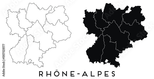 Rhone Alpes map of regions districts vector black on white and outline