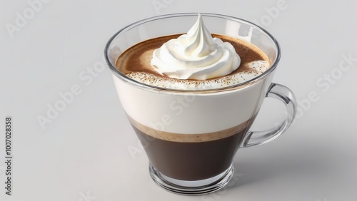 A glass cup of coffee layered with cream and topped with whipped cream and a sprinkle of spice.