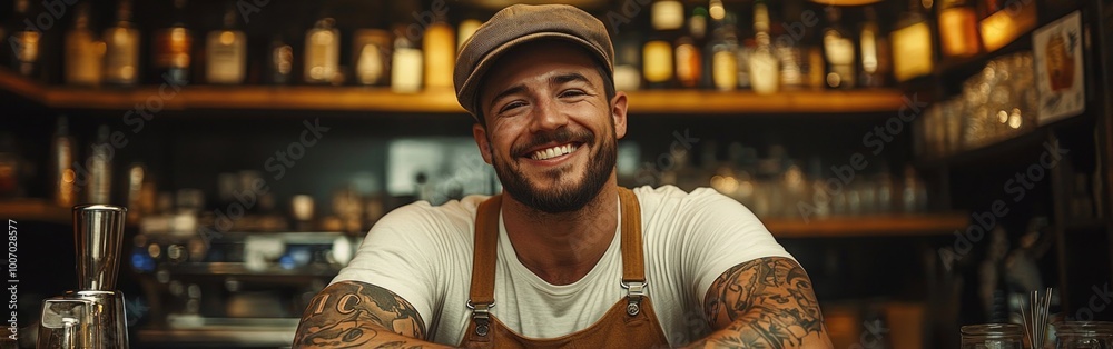 A young bartender with tattoos smiles warmly while serving customers behind the bar A young bartender with tattoos smiles warmly while serving customers behind the bar