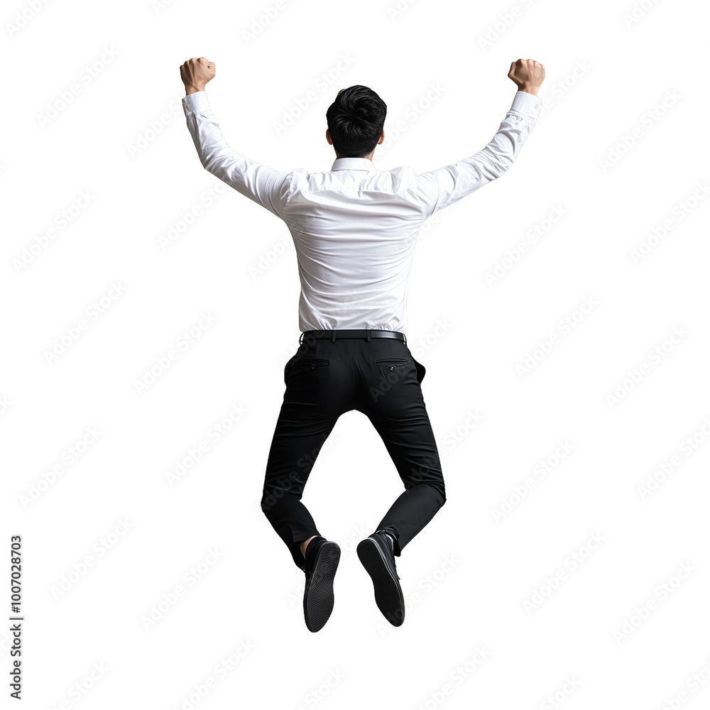 Rear view of a man jumping for joy with arms raised on a transparent background Rear view of a man jumping for joy with arms raised on a transparent background