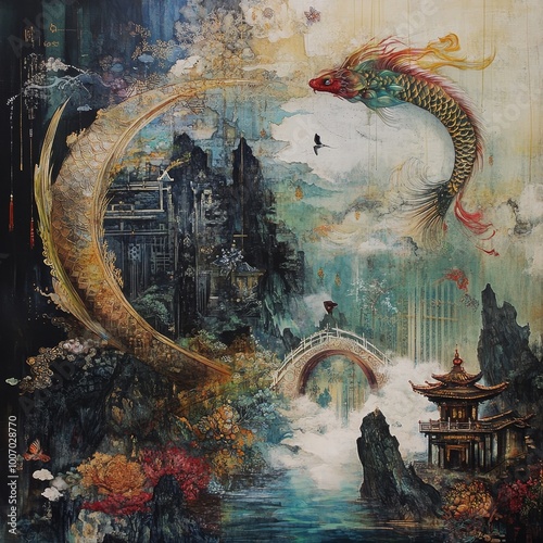 Koi fish and pagoda in Chinese style. Painting on canvas. photo