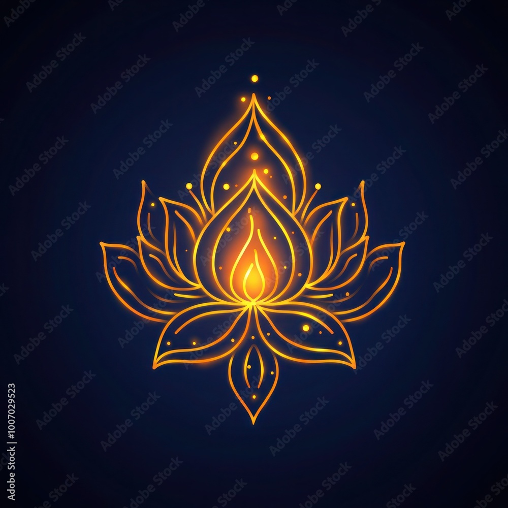 Golden Linear Diya Lamp with Lotus Flower and Editable Stroke for Deepavali Celebration Golden Linear Diya Lamp with Lotus Flower and Editable Stroke for Deepavali Celebration