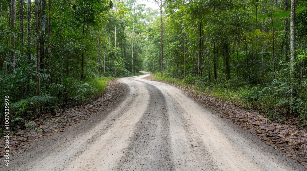 Naklejka premium The rugged trail meanders through the vibrant tropical rainforest, surrounded by thick vegetation and shadows from overhanging trees on a sunny day