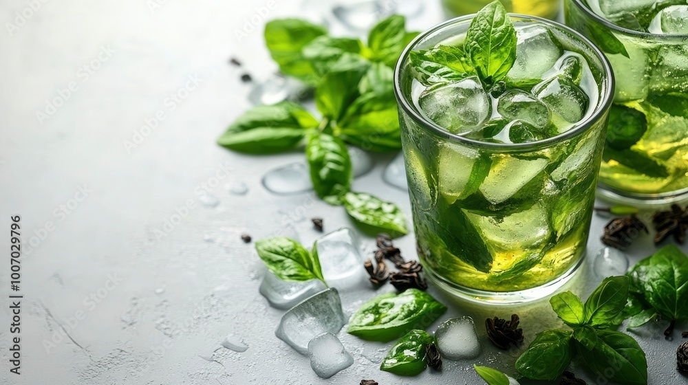 Refreshing Iced Basil Drink with Ice Cubes Refreshing Iced Basil Drink with Ice Cubes