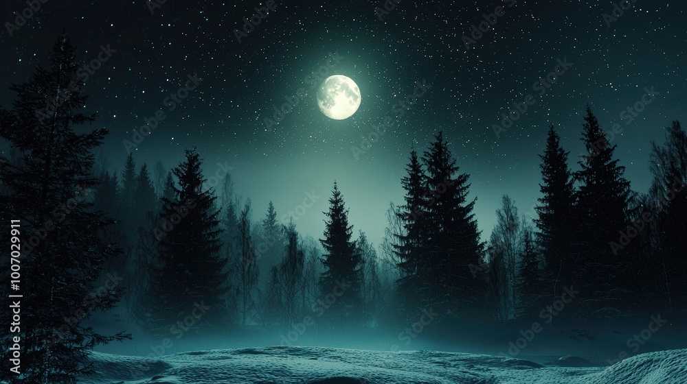 Fototapeta premium A dark, minimalistic scene showcasing a moonlit snowy landscape with tall pine trees and twinkling stars in the night sky. The serene, simple design evokes a peaceful and wintry atmosphere.