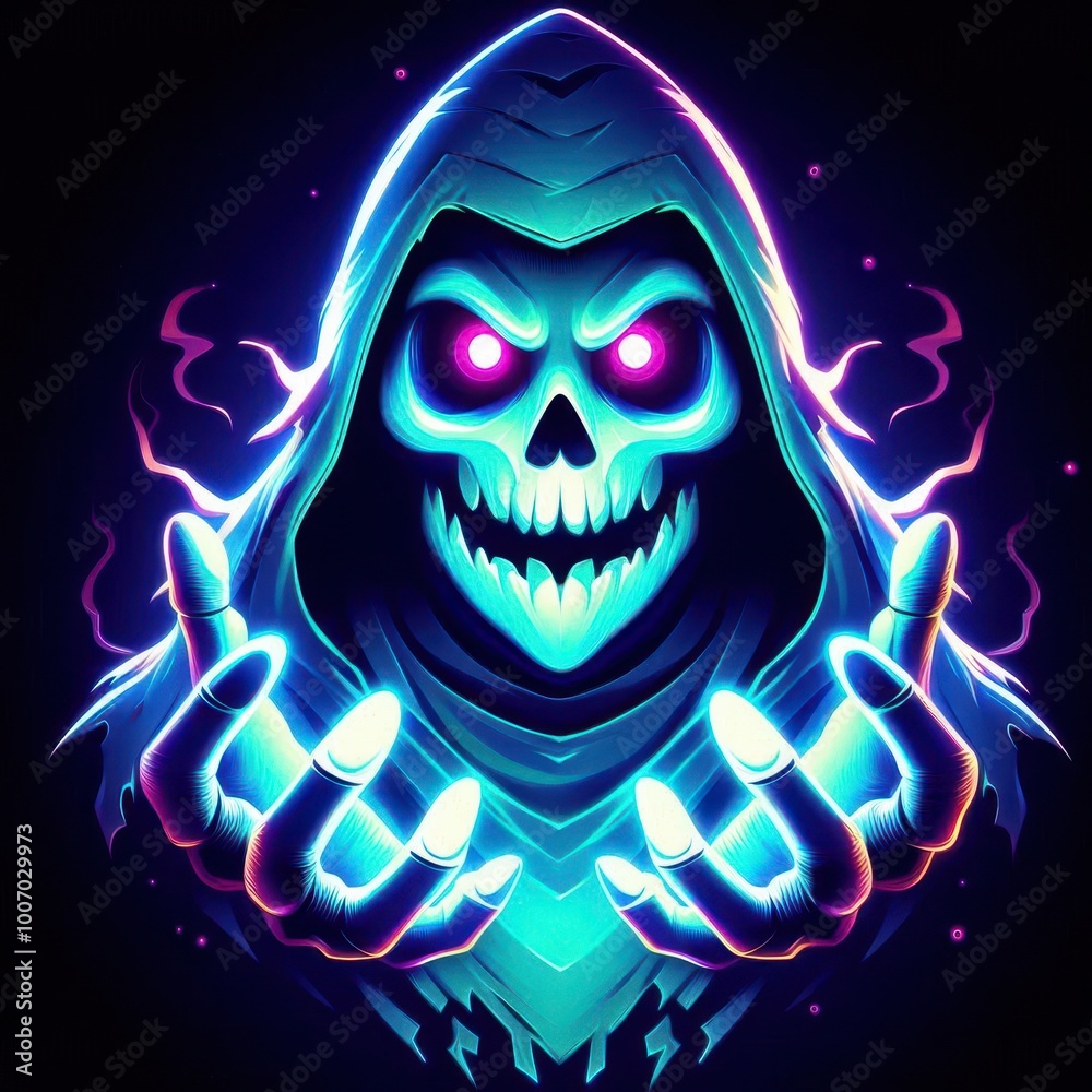 A glowing skeleton figure in a hooded cloak, holding luminous hands, exuding a mystical aura. A glowing skeleton figure in a hooded cloak, holding luminous hands, exuding a mystical aura.